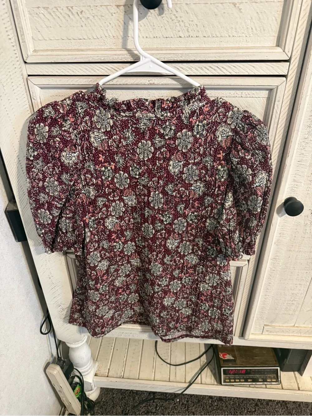 LOFT Burgundy Floral V-Neck Puff Sleeve Blouse
